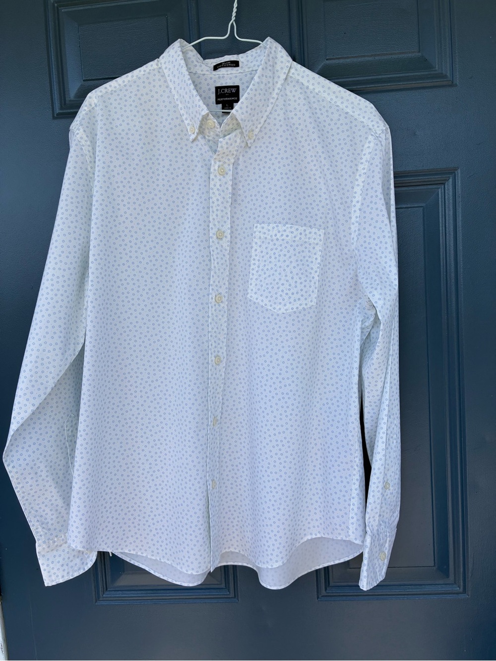 J. Crew Men’s Performance Slim Untucked White Button-Down Shirt with Blue flower